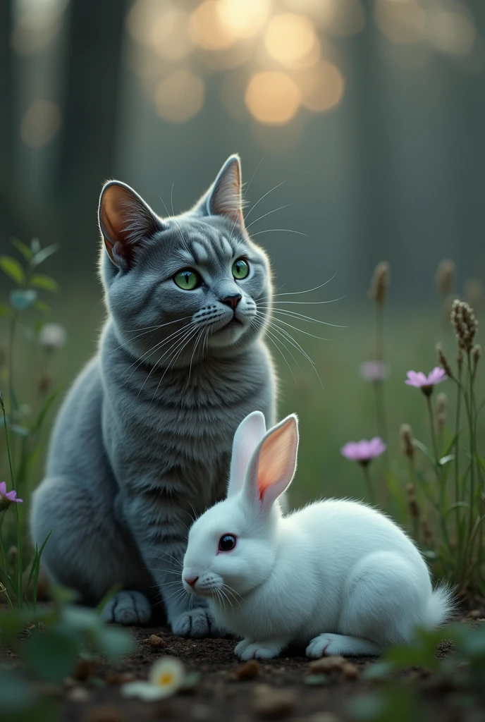 Make a gray cat with green eyes and a white rabbit with green eyes. The rabbit dies and the cat is sad. Make the rabbit dead