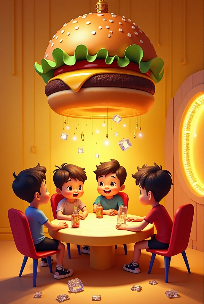 Create a lively, cartoon-style scene set in a large, imaginative hotel where everything is made from burgers and Coke. The hotel walls are made of melted cheese, with a warm, gooey texture. Four cute cartoon boys are sitting around a table that’s a giant burger, with a bun forming the tabletop, and layers of lettuce, cheese, and patties underneath. Their chairs are made from liquid Coke, molded into a seat shape with ice cubes floating inside, giving a cool and refreshing look. The fan hanging from the ceiling is shaped like a spinning burger, with each blade resembling a slice of cheese or lettuce. The hotel door is constructed from transparent Coke, filled with ice cubes, giving it a frosty appearance. The entire scene should be playful and colorful, with a cartoonish style, emphasizing the fun and whimsical nature of this burger-themed world."