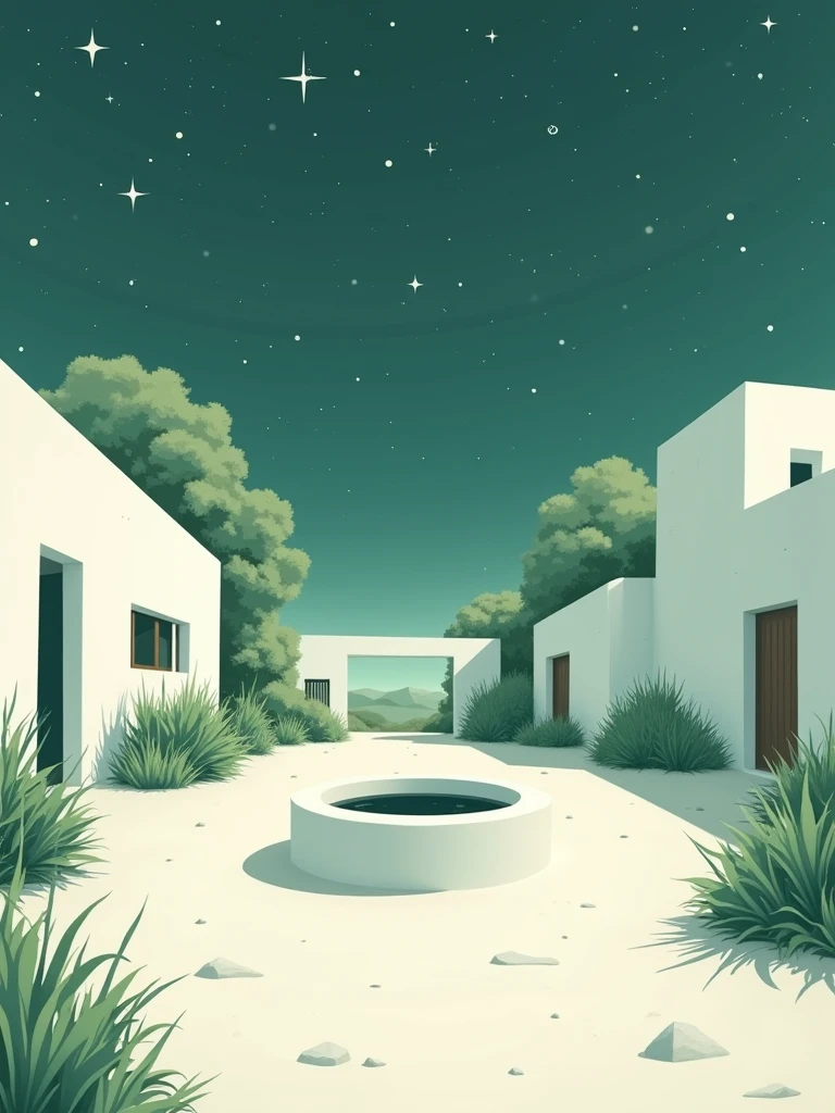Off-white background，night，Starry Sky，(Rural courtyard:1.5)，A well，Moon reflection in the well，Off-white background，Light green color scheme，Book illustration style，Flat style，Lots of white space，Minimalism，Ultra HD