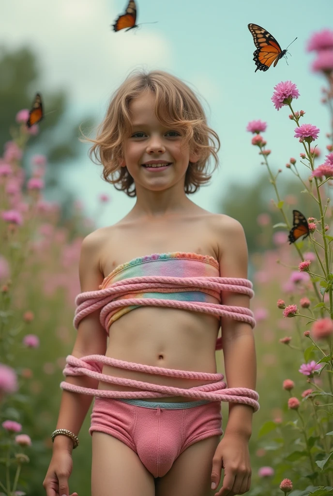 
A  boy is wearing girl undergarments  and tied with pink ropes