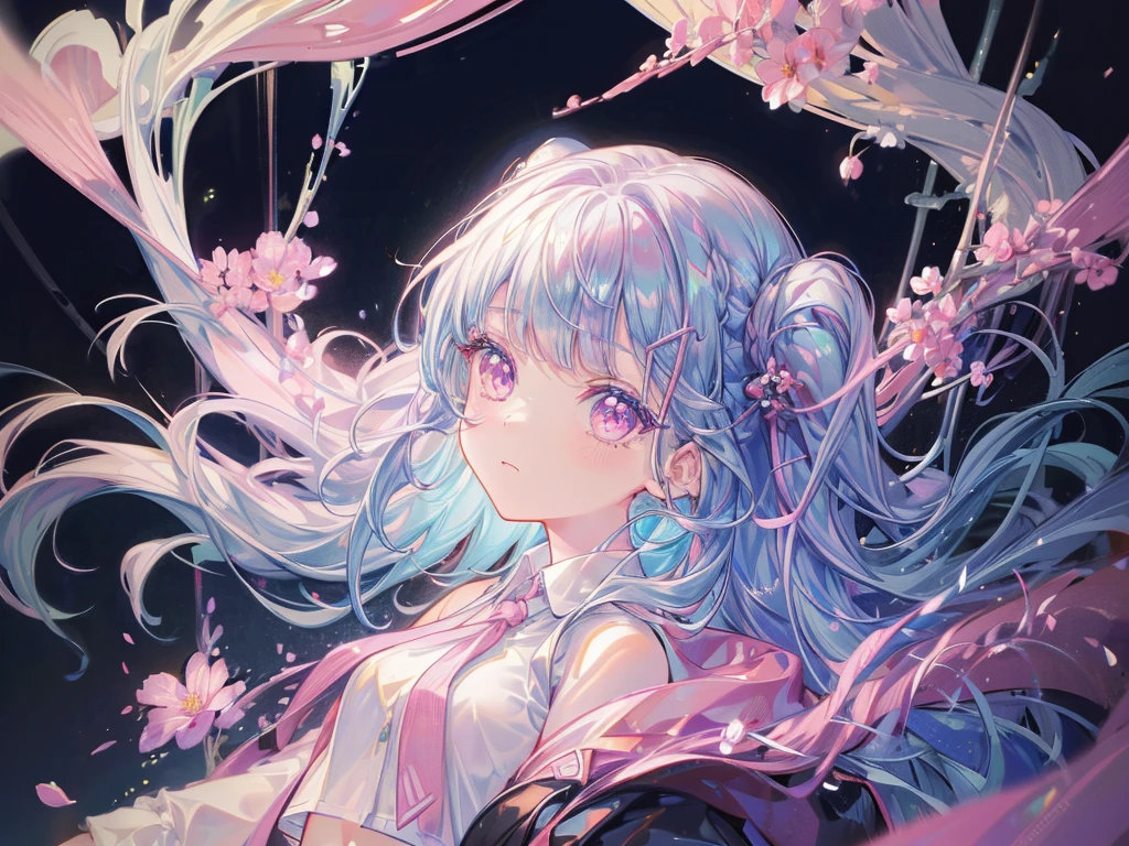 1girl in、florals,((masterpiece:1.4), best quality, HDR,UHD,8K), expressive eyes, cute chibi face, 1girl, solo, cute, perfect body, long light blue hair, wavy long bangs,chibi pink eyes, white skin, black crop top,pink tie, has black skirt,