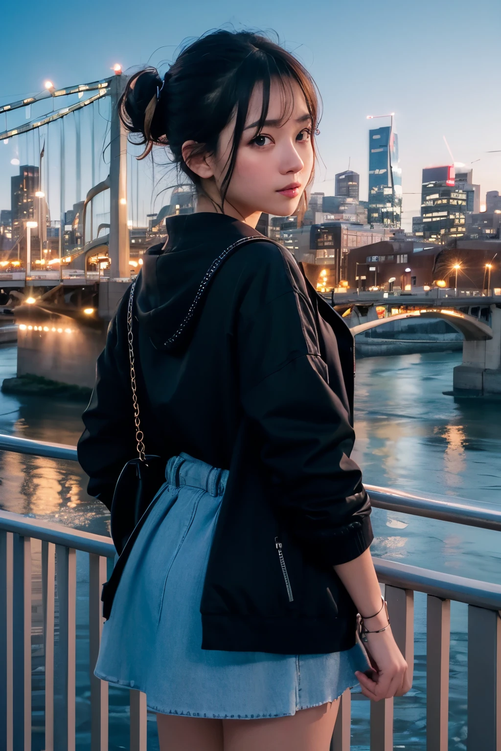 8k, RAW Photo, Best Quality, Masterpiece, Realistic, PhotoRealistic, Extremely Detailed 8k Wallpaper, Beautifully Detailed Eyes, Finely Detailed Face, 
 BREAK 
Professional Lighting, 
 BREAK 
(((s-bridge + building + city lights + cityscape + scenery + s-river + twilight + bluesky:1.8))), 
Perfectly Anatomically Correct:1.4, 
 BREAK 
1 Girl, 
Very Short Hair Bun:1.2, Symmetrical Clear Eyes:1.1, Captivating Eye Reflections:1.1, 
(Kawaii), [Japanese], Wide-Set Eyes, Big Eyes, tareme, (White Skinned), Embarrassed, Blush, 17-Year-Old, 
(Round Face, Round Chin), Wet Hair, Messy Hair, Open Mouse Slightly, [Pouted Cheek], 
Light Smiling, 
Random SHIMAMURA Trendy Clothes, 
Looking Back Viewer, 
 BREAK 
SFW:1.0, 
 BREAK 
Long Shot:1.2, Bokeh:1.6