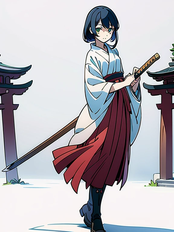 ((((masterpiece, Best Quality, Ultra-high resolution、Best illustrations))))、((Portrait of a person standing against a white background))、anime、(Very delicate and cute face)、(Sparkling Eyes)、An 18-year-old beautiful shrine maiden stands alone, wielding a wooden sword.、Iai、Serious expression、Medium length black hair、Clean green eyes、Long red hakama、Knee-high boots、((Perfect hands))、