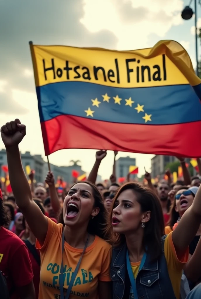 Image of people protesting with the Venezuelan flag in the background and a text in Spanish that says: Until the End