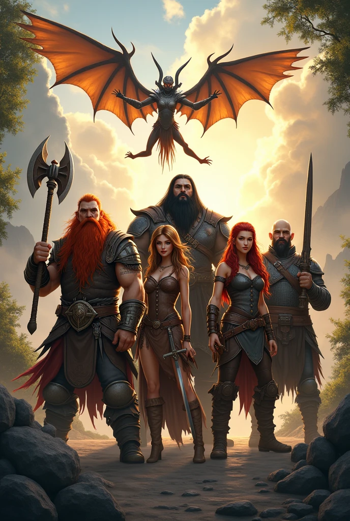 A group of six members, including;
A dwarf, red-haired and wielding an axe..
A female sorceress with brown hair carrying a staff with an orange orb.
A strong, tall man with triton features, black hair and beard, wielding a long sword.
A girl with red hair and claws wearing wild clothes.
A bald man with a black beard and draconic features wielding a sword and shield.
A male elf with wings and white hair.