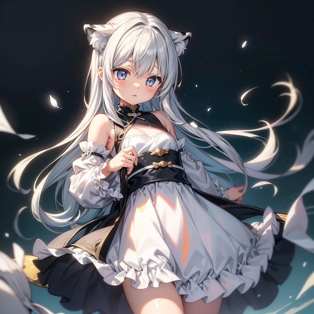 White hair, cat ears, blue eyes cute posture, white slip skirt breeze blowing, high definition, background blue sky and white clouds, posture looking back and smiling --auto --s2