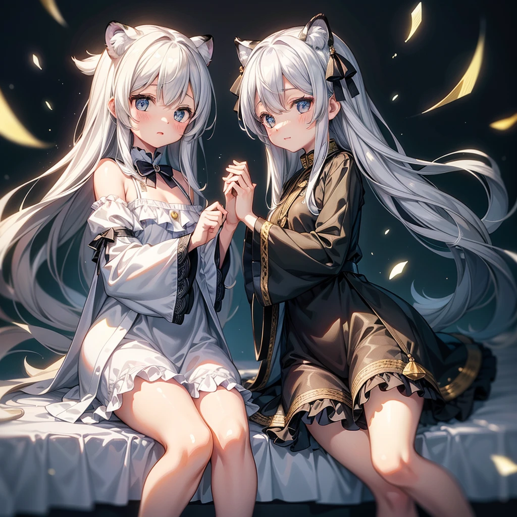 (((1 girl)),Ray Tracing,(Dim Lights),[Detailed background (bedroom)),((Silver Hair)),((Silver Hair)),(Fluffy Silver Hair, Busty and slim girl)) High Ponytail)))) Avoid blonde eyes in the ominous bedroom ((((Girl wearing black high-waisted pants and tights with delicate embroidery) and white ruffled bow gloves), Show off your slender figure and beautiful curves, Correct limbs, Sitting on the bed