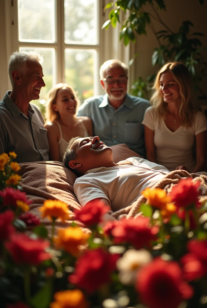 (best quality,highres:1.2),portrait of Silvio Santos in a hospital room surrounded by his family,emotional scene,close-knit family bond,strong family support,unconditional support and love,loving and caring family members,significant moment,capturing the essence of family connection,authentic emotions,realistic depiction,warmth and tenderness,sincere expressions,wishful and hopeful atmosphere,loving gazes,touching and heartwarming,meaningful family reunion,life-changing experience,gratitude and appreciation,heartfelt moments,inspiring and uplifting,memorable occasion,intimate family gathering,supportive network,cherished memories,unbreakable family ties,staying by his side in difficult times,courage and resilience,recovery journey,celebrating unity and togetherness,determination and strength,inspirational story,hopeful future,optimism and positivity,colorful atmosphere,soft and gentle lighting,vivid colors,symbol of love and care.