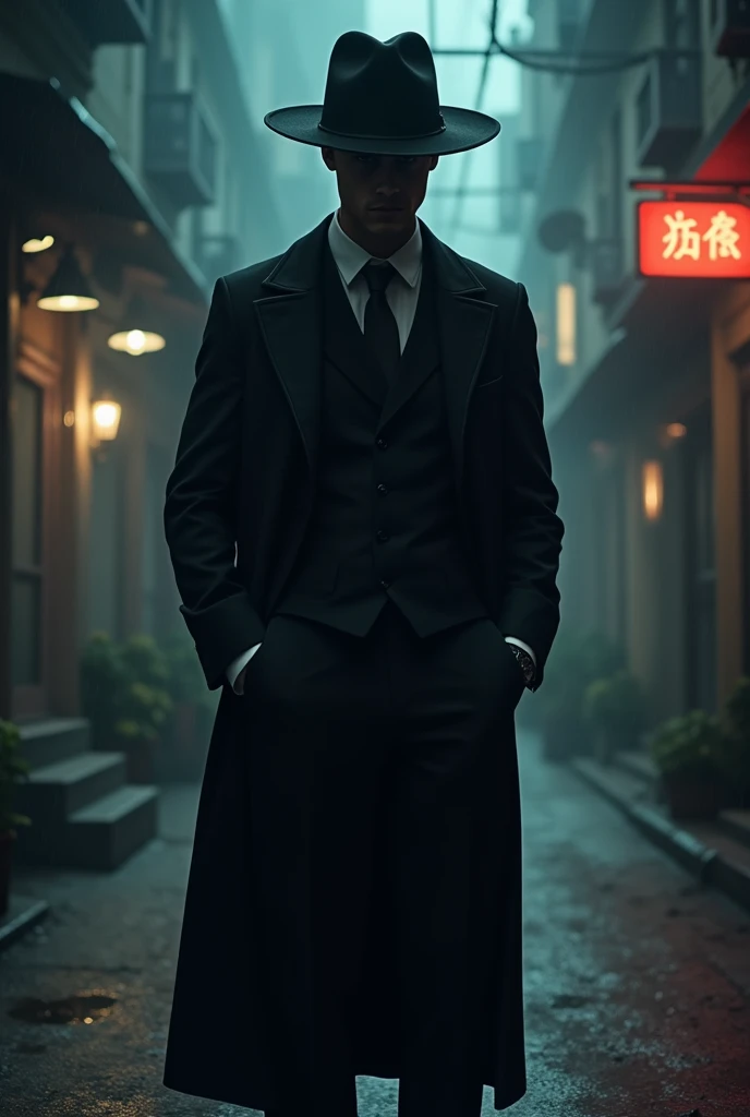 Character Prompt: A mysterious, faceless figure dressed in a sleek black suit and an elegant wide-brimmed hat. The character is entirely anonymous, with no visible features, and their face is hidden in shadow or blurred, creating an aura of enigma. They stand tall, exuding confidence and power, with their posture reflecting a calm yet commanding presence. The suit is impeccably tailored, and the hat adds a touch of classic sophistication. This character embodies mystery, authority, and an otherworldly aura, making them a figure both intriguing and intimidating.