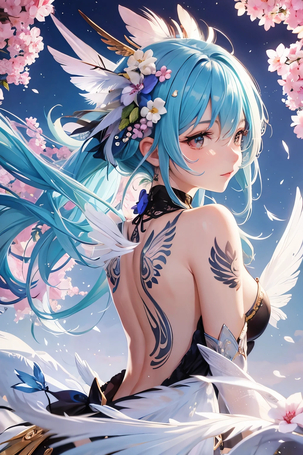 Feather Plumage on the back, drop-shaped tattoo on the cheek, a cute fairy in a beautiful flower field