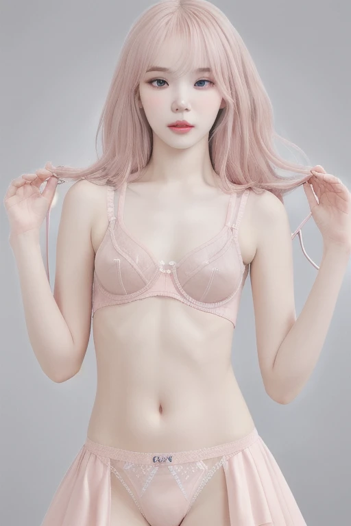 pink silver haired girl, long hair wearing a pale pink dress, fine details,girls frontline, artwork in the style of guweiz, trending on cgstation, from girls frontline, Guweiz, ig model,artgerm, trending at cgstation, by Yang J,photorealistic anime girl render,Slim figure,Are thin,Flat Chest,Small Bust,Small waist,Slim legs and thighs,(Beautiful nipples),(Flat Chest),(Small Ass),(Thin string underwear),Pale pink underwear, vivid colors,Maximum number of pixels,photo quality images,Kim Chaewon of Le Sserafim herself,(((Flat Chest))),(Slender full-body silhouette),(Beautiful nipples),Increase the saturation,