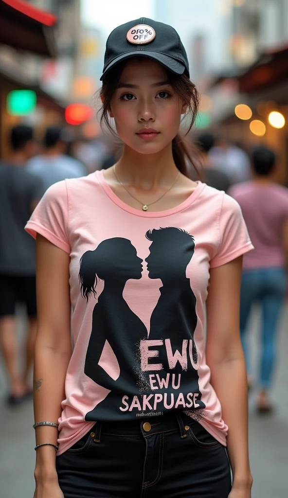 A beautiful Indonesian girl, wearing a t-shirt with a strong vector design featuring a silhouette image of a naked couple having sex in black colour. The sentence "50 EWU SAKPUASE" is displayed with bold and distressed typography pastel tone, The round pin stuck in the middle of the zumba cup hats reads "(90% OFF)", tie hair, in a public place, surrounded by many men, large and sexy breasts, the pantiens reads "(OBRAL)" underwear, with a shooting angle from the front, very realistic, (complex detail: 0. 9), (hdr, hyperdetail: 1.2), RAW, Sony Alpha a9 II, 24-105mm f/4, HDR,