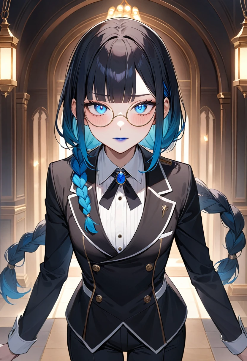 (masterpiece, top quality, very aesthetic, 4k、illustration), intricate detail, 1woman,(Women in men's clothing)、solo,contrapposto 、Monocle、(gradient eyes、tareme)、Strong glowing eyes、blunt bangs,Fair skin,(cowboy shot)、Cool women、clear face、(Blue lipstick),beautiful face、Blushing,(gradient hair)、(single braid)、multicolored hair,middle hair,sidelock ,blue eyes、Butler's uniform、Pants Style、small breasts、slender 、
