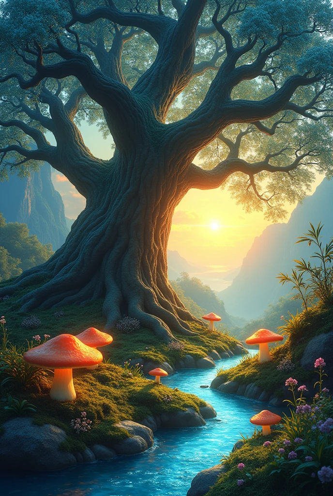 Real, photograph, masterpiece, high resolution, 4K, HDR,, Ancient Tree々、Glowing Mushroom、Sparkling Stream and Magical Forest BREAK Ethereal Glow BREAK Blue々and green leaves、Bright sunshine、Bright colors、evening、The light of the setting sun、Fantasy、Fantasy
