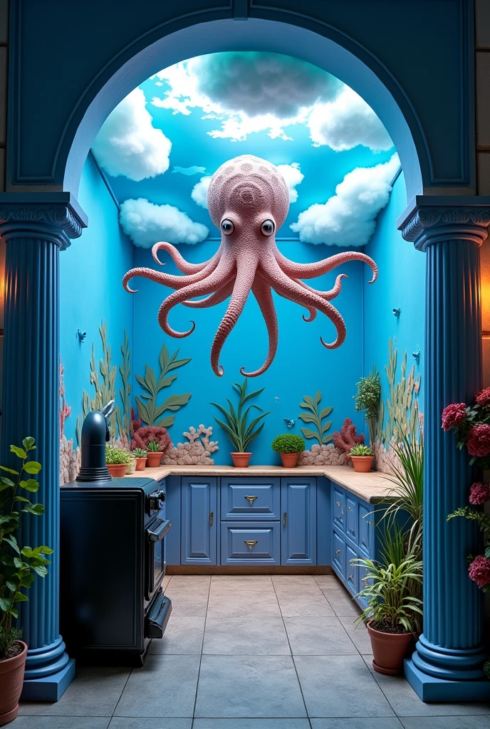 a cubicle of 3.10m wide x 2.50m long and 2.65m high, with reef-type decorated walls, On the ceiling, an octopus providing decoration and around it simulated white and light blue clouds with blue lights, on both sides of the front part, old-style cafe columns with pirate decorations, In the background there is a stove on the left side and in front of it there is a bar counter covering the entrance.
