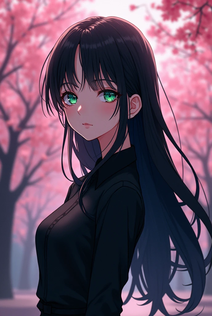 A very beautiful manga girl And wearing a black shirt and black hair.