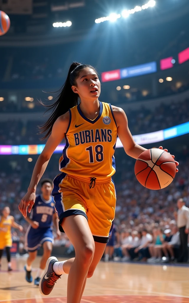 A beautiful Korean girl playing basketball，Basketball game， Dribbling，Dunk，Steals，18-year-old girl，Beautiful facial features，Glorious NBA game scene，An NBA stadium filled with spectators as the backdrop，
