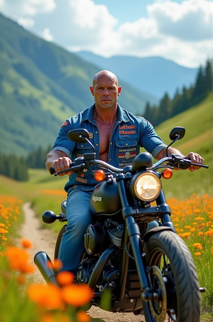 Big giant body builder white bald men wearing unbuttoned double pocket blue shirt with logos in beautiful valley on heavy motor bike