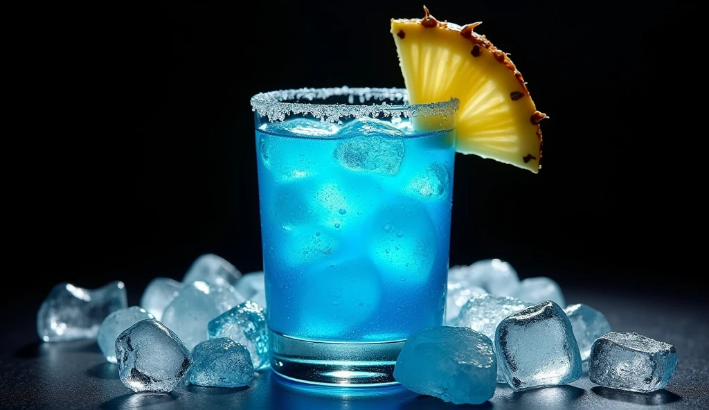 full shot photography upper angle shot with a strong accent to cocktail blue Daiquiri with slice of ananas on the side on the ice , the black background tropical aesthetics food book photography 35 mm movie frame epic scene cinematic 3d, strong 8k uhd quality
