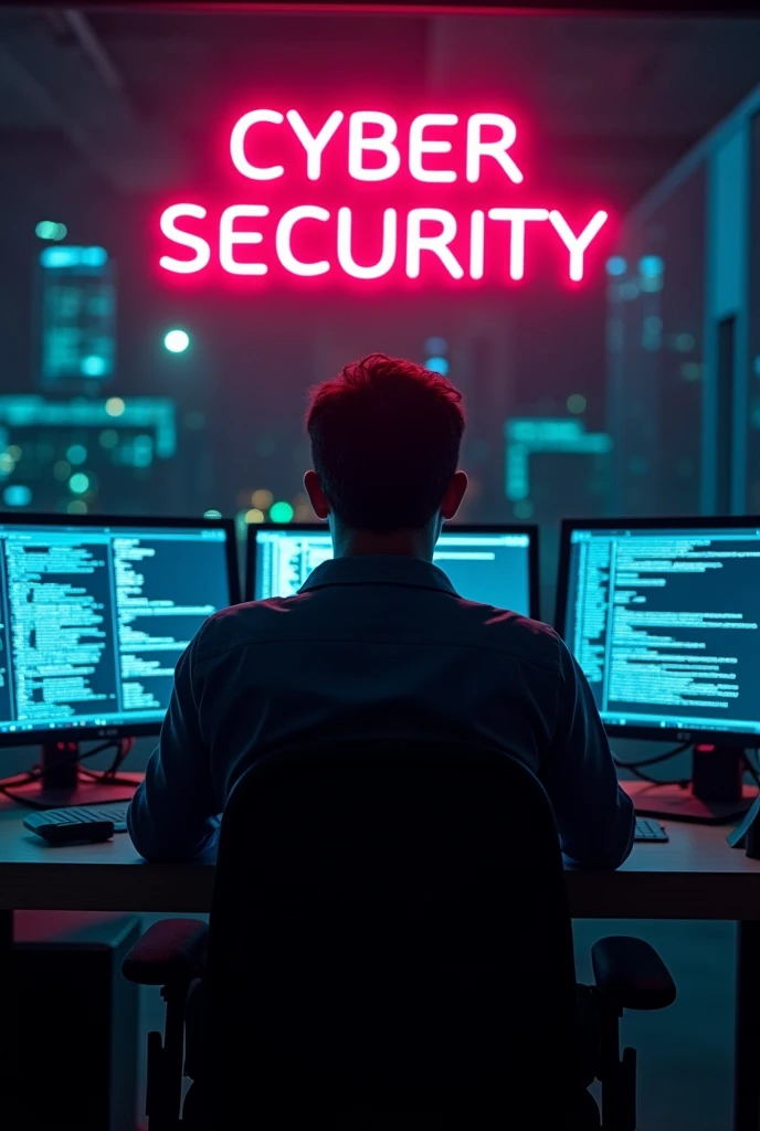 Cyber security analyst infront of computer in dark room with neon lights and behind the person text"Cyber Security". Make a thumbnail 16:9 in cinematic 