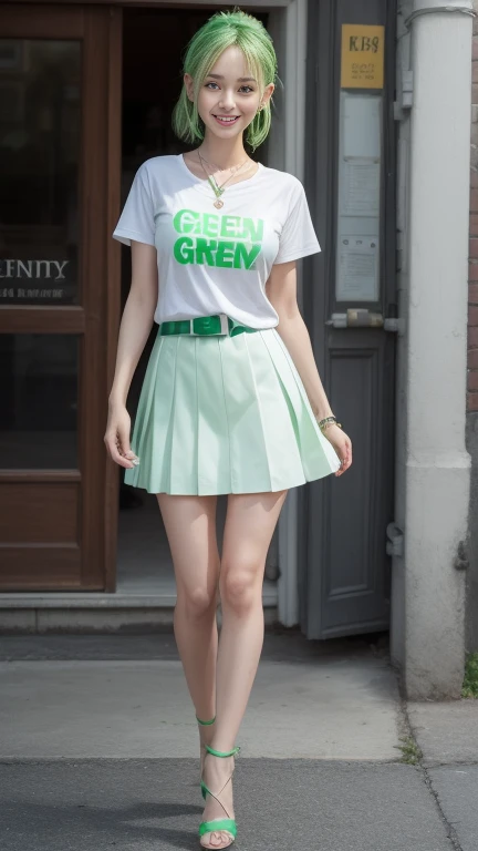 8k, Tabletop, RAW Photos, (Highest quality), Realistic, Highly detailed CG Unity 8k wallpaper, Written boundary depth, Cinematic Light, Lens flare, Ray Tracing, (Very beautiful face, Beautiful Lips, Beautiful Eyes), Exquisitely detailed face, (Highly detailed skin) 1 person, Cute Korean, (K-POPアイドル), 1 person, (Very slim slender fit-muscled body:1.3), (View your viewers)), (Smiling with white teeth:1.3),(Full body photo showing feet), ((No passers-by in the background)), Earrings, clock, necklace, belt,(High heels), Clear Eyes,stand, (Pale skin), (Big eyes), (White and green mini skirt),((A T-shirt with white and green lettering printed on it:1.3)), (View your viewers:1.3), (Empty-handed), Very slim, (Large Breasts),Full body photo showing up to the toes,