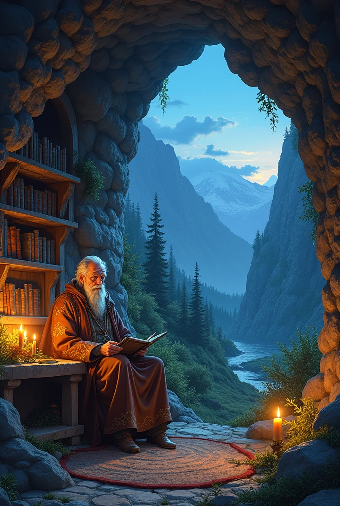 Create an image of an old man, who lives in a cave and tells mystical fantasy stories