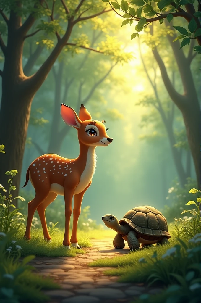 "A dense forest with tall trees and lush green surroundings. In a clearing, a graceful deer and a small tortoise are seen standing close together, symbolizing their strong friendship. The deer has a gentle expression, and the tortoise is looking up at the deer with a calm, content face. Sunlight filters through the trees, creating a peaceful and harmonious atmosphere."