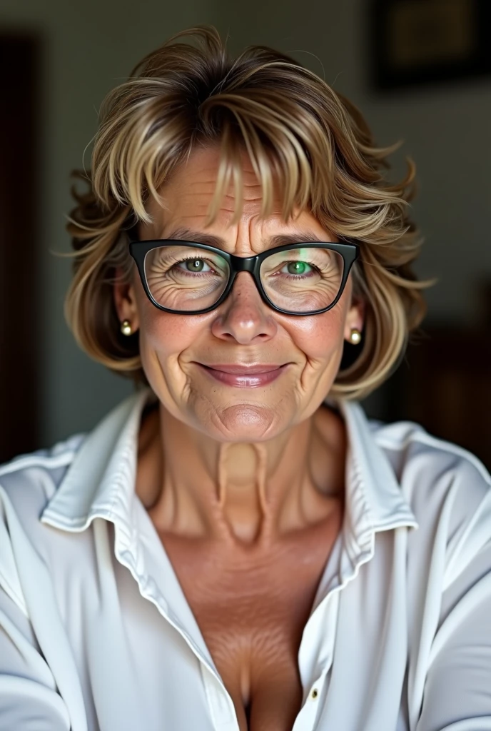 Portrait of a 55-year-old Italian woman, (tires, curvy, busty), (Glasses), (short brown hair with blonde streaks), (Close-up from face to chest), (slightly open white shirt, that slightly exposes the cleavage), (realisti), (muito detalhado), (Ultra quality:1.3), (8K resolution), (Soft lighting), (keen focus), (Soft Shadows), (natural skin structure with some birthmarks, Fine wrinkles, and signs of aging), (large, round breasts), (slightly revealing bra), (detailed facial features), (Trends on Deviantart)