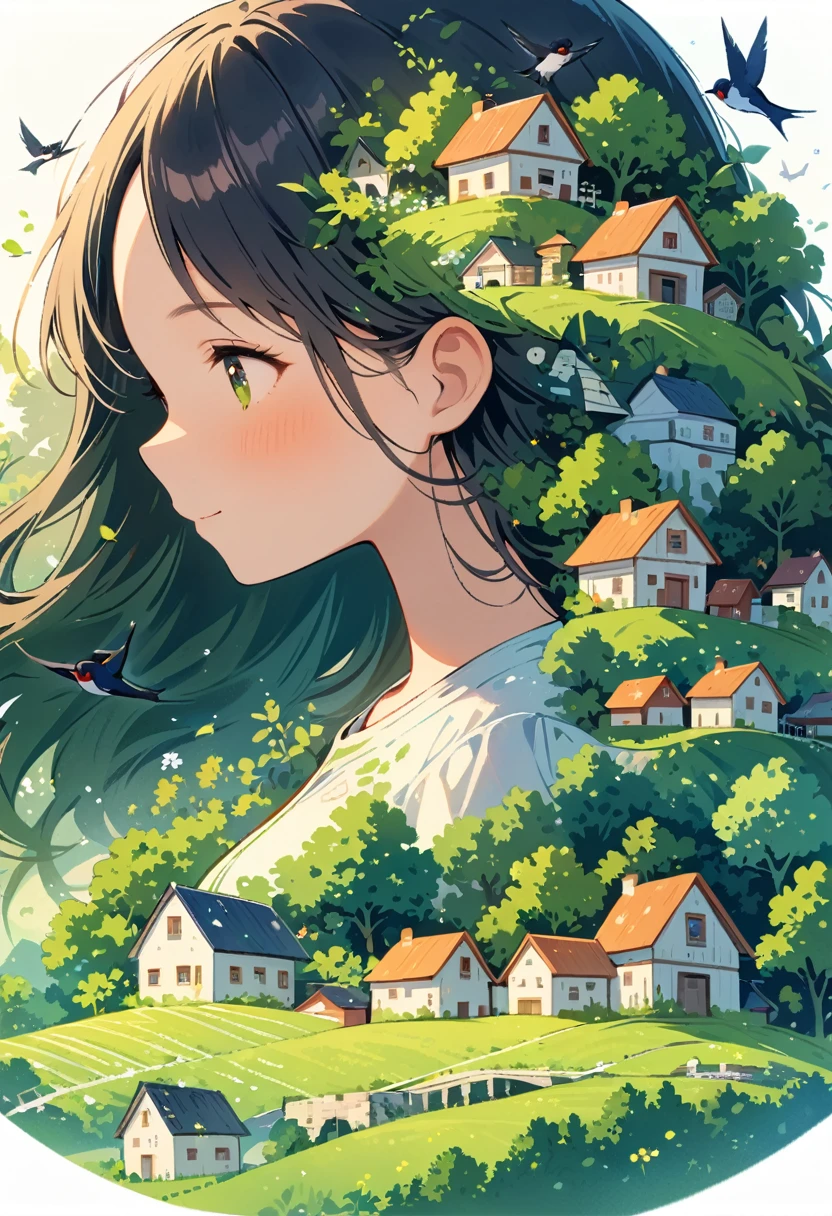 ((Long stroke:1.8)), (Masterpiece, Best quality:1.2), 1girl, Single,Head of a brown-skinned woman with black hair decorated with strange illustrations of houses, swallow, Green trees and hills, Evoking the magic of a rural landscape. The background blends in with her hair., It exudes an atmosphere of tranquility and creates a harmonious composition that embodies the beauty of nature.. The illustration symbolizes the harmony between man and the environment., Focus on the face.