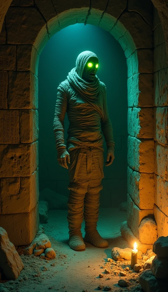 A spooky scene of a mummy coming to life.