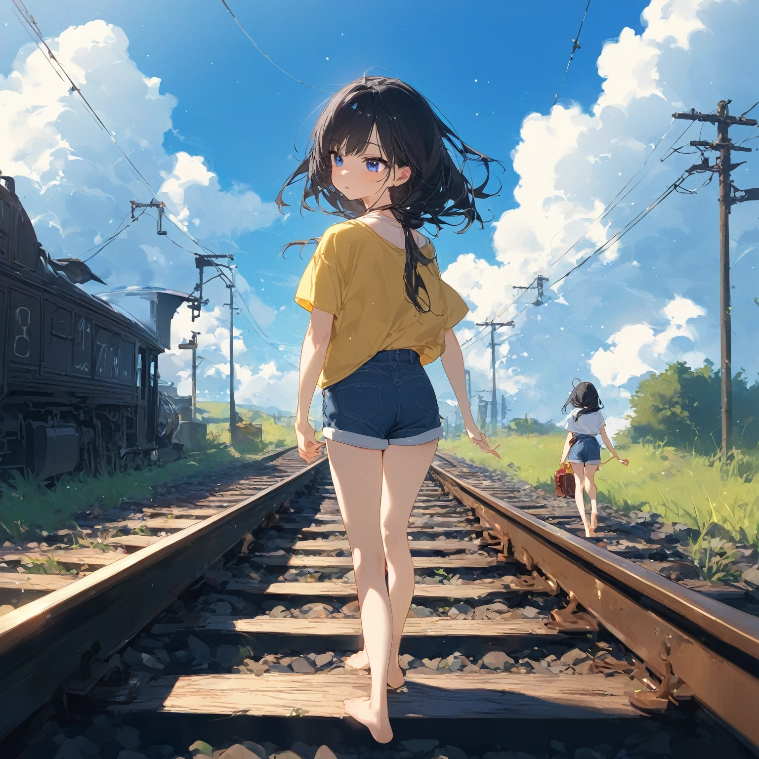 score_9, score_8_up, score_7_up, score_6_up, score_5_up, score_4_up, masterpiece, best quality, source_アニメ,2d、flat、1girl, ****、black hair,longhair is short-sleeved、Shorts、 Look to the side、blue sky、Old railway、electric wire、barefoot