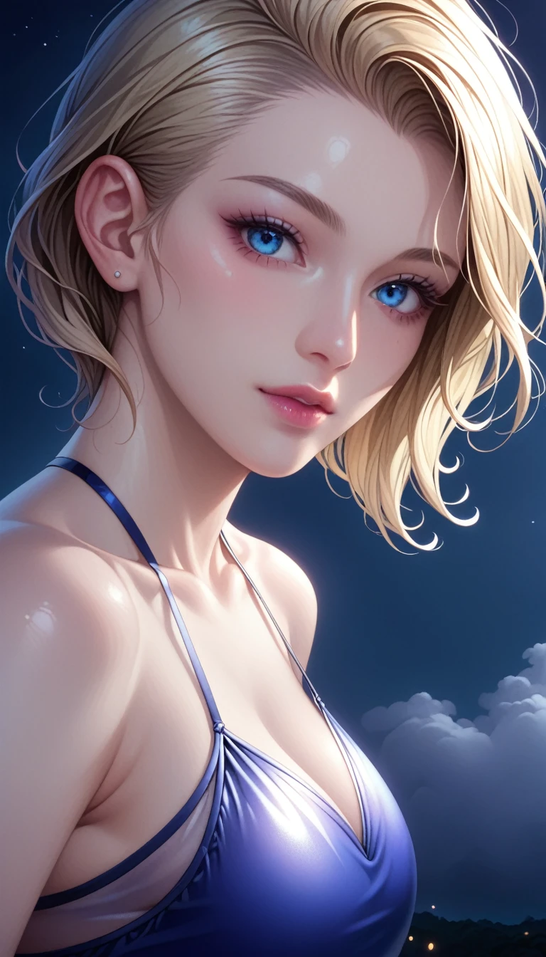 score_9, score_8_Excellent, score_7_Excellent, High resolution 3D anime style,A masterpiece in 32K resolution,Highest quality,It&#39;s really amazing,Very detailed,Ultra-high resolution,Ultra-realistic,Realistic,Increased depth of field,Cinema Lighting,
(Sexy 25 year old young Japanese woman:1.1),
Blonde straight medium hair,Ultra-detailed and beautiful face,Calm and gentle look,Beautiful blue eyes,Translucent white skin,Realistic skin texture,Great proportions,
Elegant high-cut transparent swimsuit,
Simple design,Chic color scheme,Detailed fabric texture,
(Dark overcast sky on a dull night:1.1),(Dark clouds covering the sky:1),(Thundercloud:1),Coastline at night,Stormy Sea,(delay々Continuing desolate sandy beaches:1),
Movie angle,