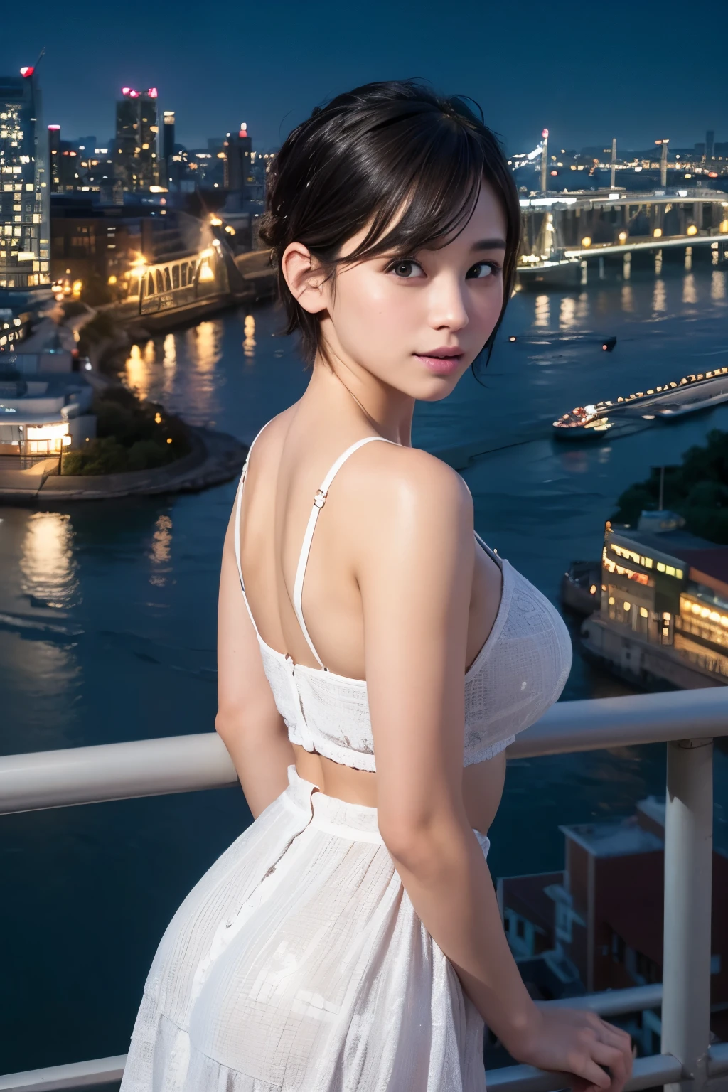 8k, RAW Photo, Best Quality, Masterpiece, Realistic, PhotoRealistic, Extremely Detailed 8k Wallpaper, Beautifully Detailed Eyes, Finely Detailed Face, 
 BREAK 
Professional Lighting, 
 BREAK 
(((s-bridge + building + city lights + cityscape + scenery + s-river + twilight + bluesky:1.8))), 
Perfectly Anatomically Correct:1.4, 
 BREAK 
1 Girl, 
Very Short Hair Bun:1.2, Symmetrical Clear Eyes:1.1, Captivating Eye Reflections:1.1, 
(Kawaii), [Japanese], Wide-Set Eyes, Big Eyes, tareme, (White Skinned), Embarrassed, Blush, -Yeld, 
und Face, Round Chin), Wet Hair, Messy Hair, Open Mouse Slightly, [Pouted Cheek], 
Light Smiling, 
Random SHIMAMURA Trendy Clothes, 
Looking Back Viewer, 
 BREAK 
SFW:1.0, 
 BREAK 
Long Shot:1.2, Bokeh:1.6