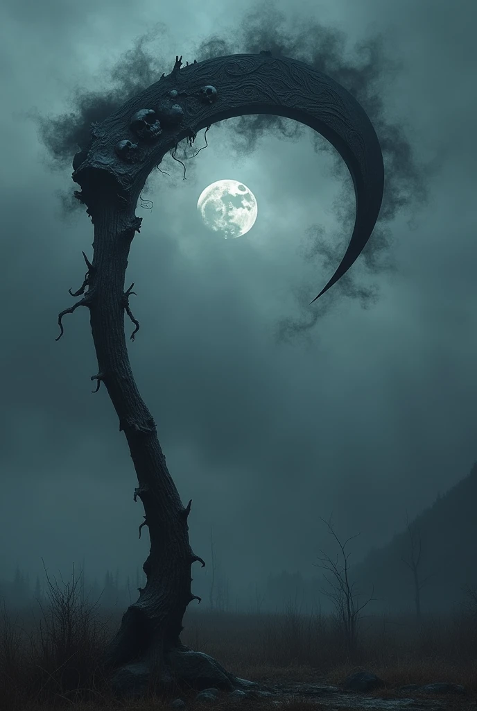 create this object, big scythe that generates dark fog when spun, the black material appears to stretch and mold into a new shape, maintaining the black fog in details and edges, with engraved symbols of a skull with fog, with minimalist and horror features