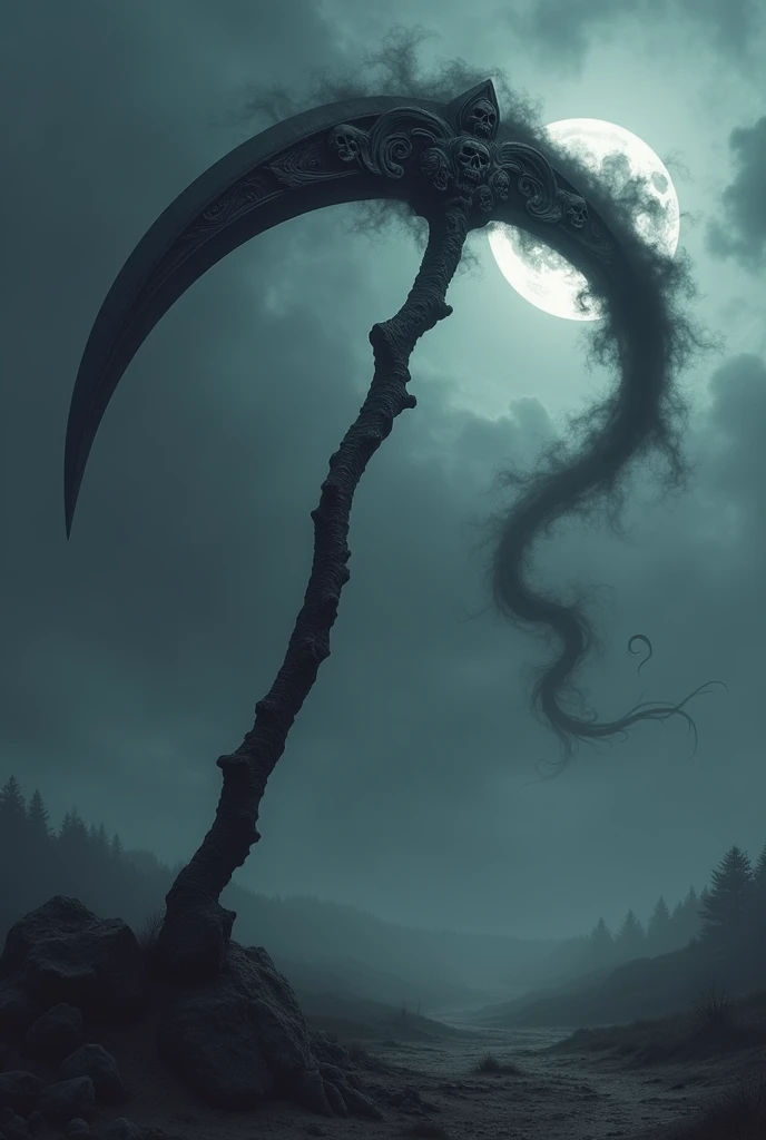 create this object, big scythe that generates dark fog when spun, the black material appears to stretch and mold into a new shape, maintaining the black fog in details and edges, with engraved symbols of a skull with fog, with minimalist and horror features