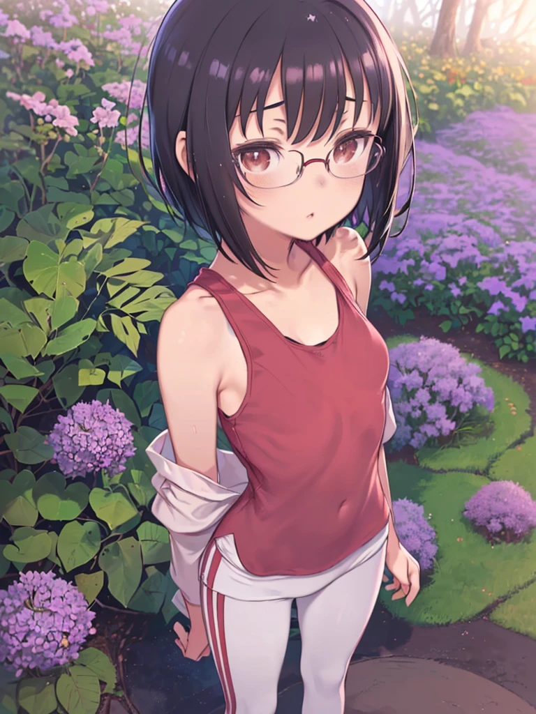 ((One person女の子, slolo, alone, Risa Wakatsuki, Conceit, Black Hair, short hair, Glasses, Brown eyes, Wide Hips, malicious, ((Small breasts)), Conceit)), ((Pink lipstick, Very detailed, Soft indirect lighting, 4K, Perfect Eyes, Perfect Face, Perfect lighting, a One person)) , (Very detailed美しい顔),(( (blush, High collar, Off the shoulder, No sleeve), ((Amorous look, Amorous)), ((severe, Shining Eyes, ((Red Tank Top), White yoga pants), red tight clothes)), One person, alone, Are standing ((Are standing, Garden Background)), Flowers, Jacaranda forest, garden))