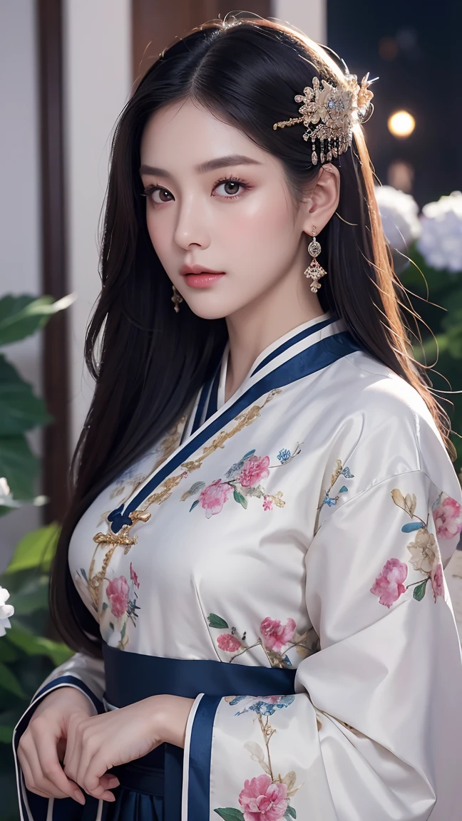 ((best quality)), ((masterpiece)), (detailed), perfect face, ((Best quality, 8k, Masterpiece: 1.3)), Sharp focus, Highly detailed face and skin texture, Detailed eyes, detailed fingers, traditional Chinese costume, royalty, empress, luxury, navy hair, straight hair, cowboy shot, Hydrangea flower, shooting stars in the background, at night