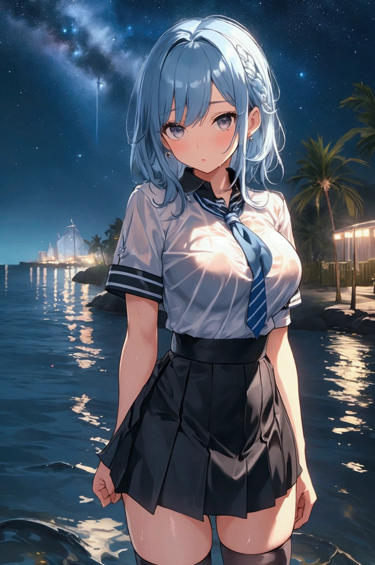 masterpiece, best quality, extremely detailed a pretty woman,wet hair,short sleeve,mini skirt,blue hair,black eyes,every life,clear ,zettai ryouiki,big sister,night,starry ,night sky,beach at night,big breasts