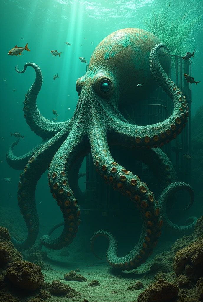 A mutant octopus，Breaking out of the cage。The octopus is oozing green, sticky liquid，Poisoned surrounding marine life。
