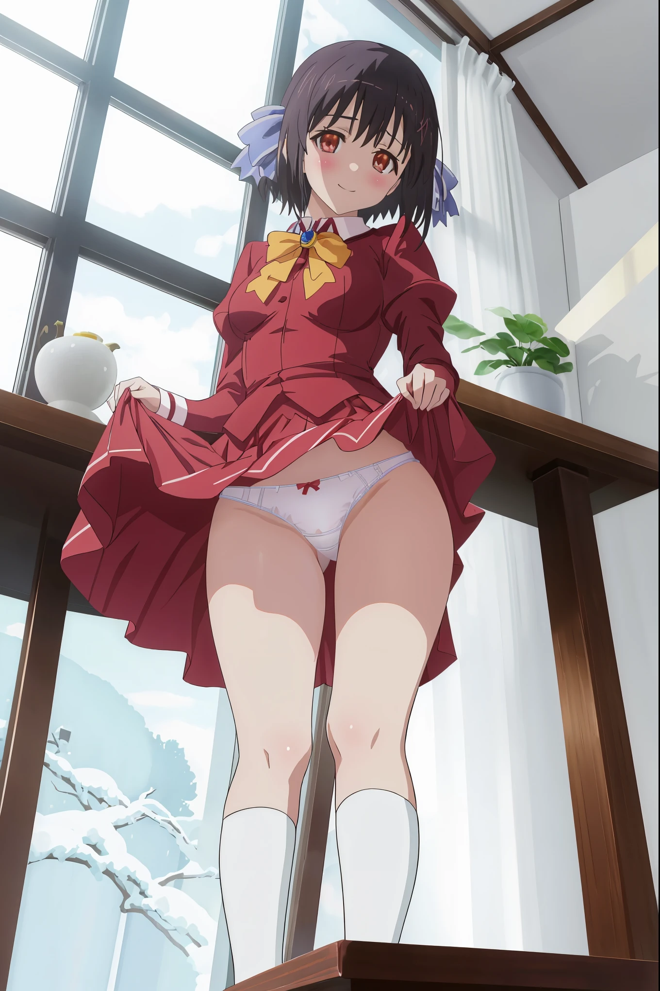 NSFW,1girl in,Sitting,From below,Looking at Viewer,Tomomi_Xijing, bow ribbon, Short hair, School uniform,red school uniform,Winter clothes,Long sleeves,Long skirt,Panties,Perfect Lighting,1girl in,, up skirt,Best Quality,Skirt lift,,Smile,blush,anime screen cap,Flat color,cel shading,(tucking up the skirt to chest),anties,short torso,Show panties,pantyshot,up skirt,