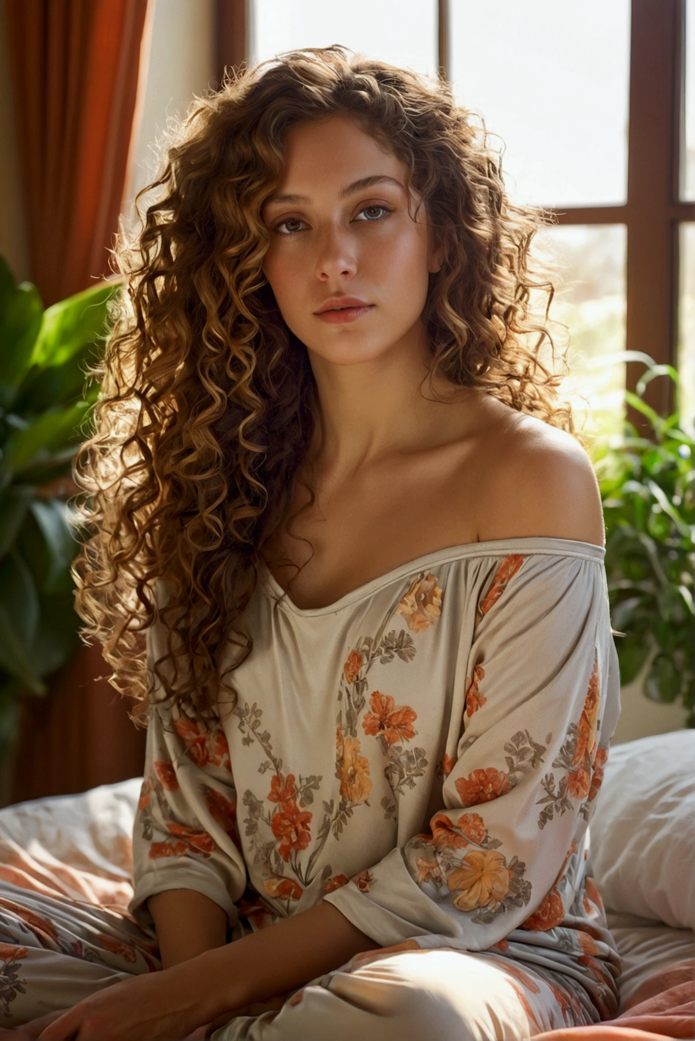 (photorealism:1.2), beautiful woman, sitting on bed, wearing loose off-shoulder top, pajama pants, long curly hair, indoors, soft lighting, plants in background, window with sunlight, cozy room, relaxed pose, realistic, intricate details, warm colors, by Greg Rutkowski, by Alphonse Mucha