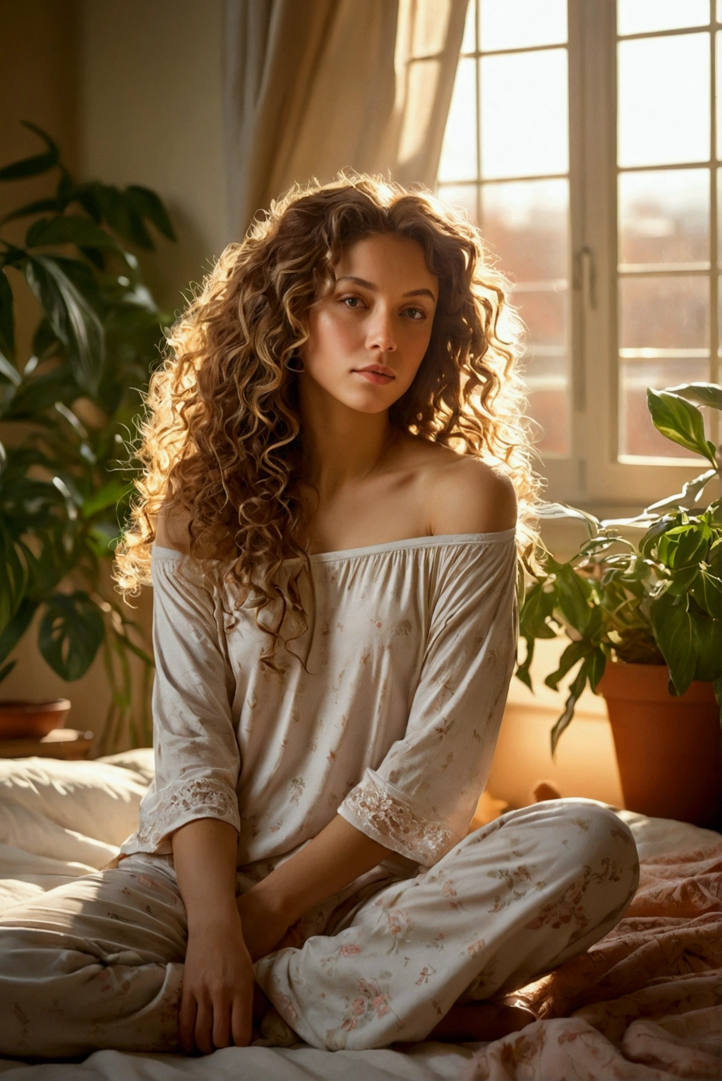 (photorealism:1.2), beautiful woman, sitting on bed, wearing loose off-shoulder top, pajama pants, long curly hair, indoors, soft lighting, plants in background, window with sunlight, cozy room, relaxed pose, realistic, intricate details, warm colors, by Greg Rutkowski, by Alphonse Mucha