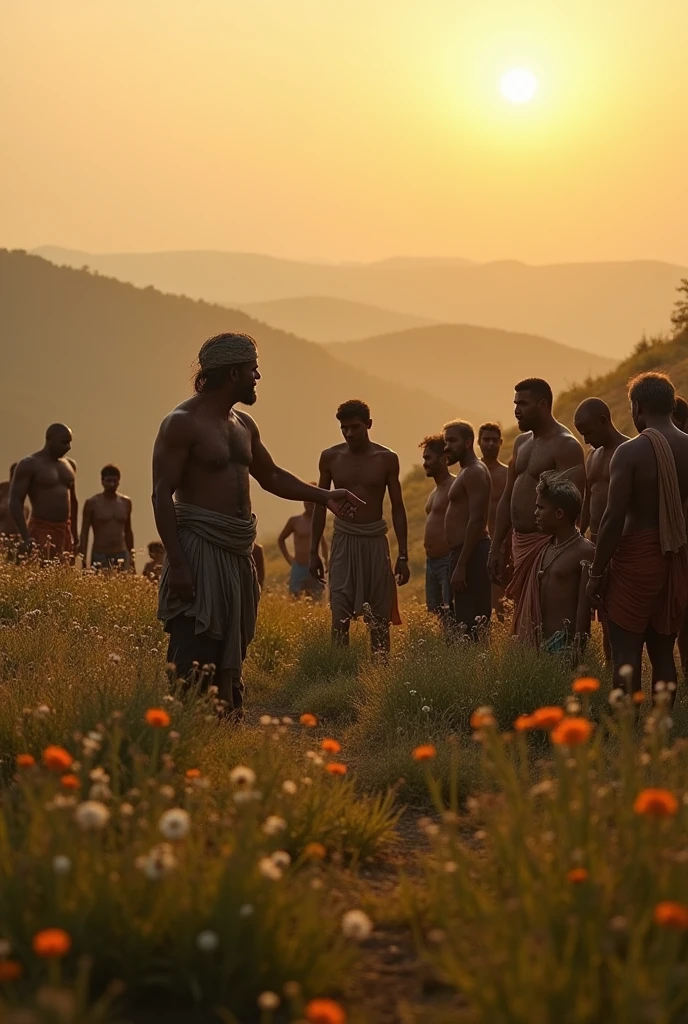 "The villagers, now gathered around Ram on the hill, realize there is no tiger. They are standing with their tools lowered, looking angry and frustrated. Ram is laughing, pointing towards the empty field. Some villagers are scolding him, while others are shaking their heads in disbelief. The atmosphere is tense, with a mix of disappointment and anger."
The Second False Alarm: