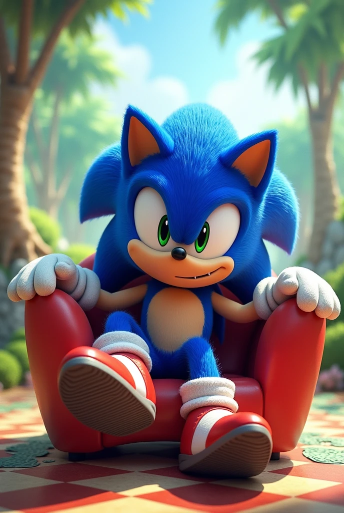 Sonic the hedgehog , solo, looking at viewer, smile, 1boy, full body, sitting on chair, looking at viewer