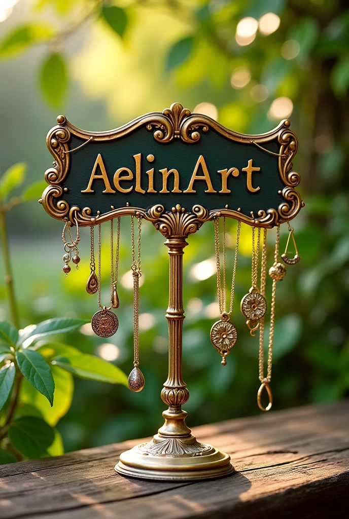 Grand Stand de bijoux fait mains artisanal en laiton avec un panneau ecrit " AelinArt" . Photo paysage