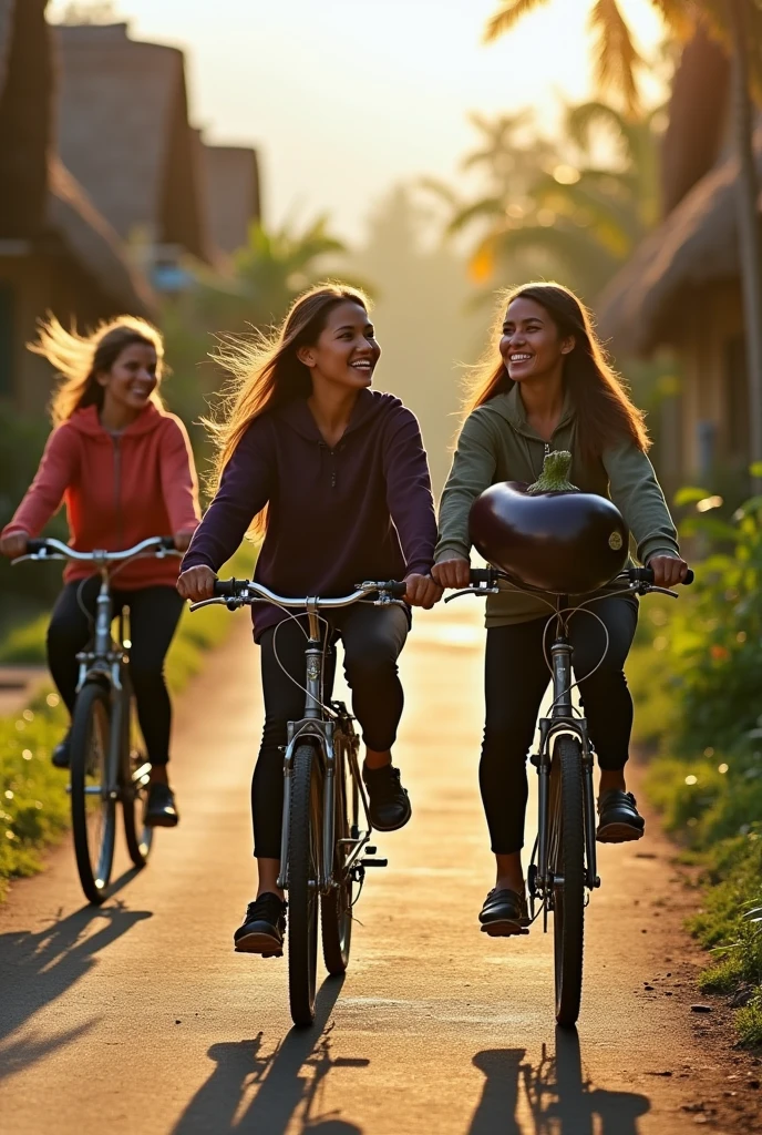 4 beautiful Indonesian women, loose hair, wear a hoodie and wear long pants, wearing black shoes, riding a bicycle while carrying a giant eggplant on his shoulder, Hold the thing with your left hand., on the village streets, minim diffect, ultra details