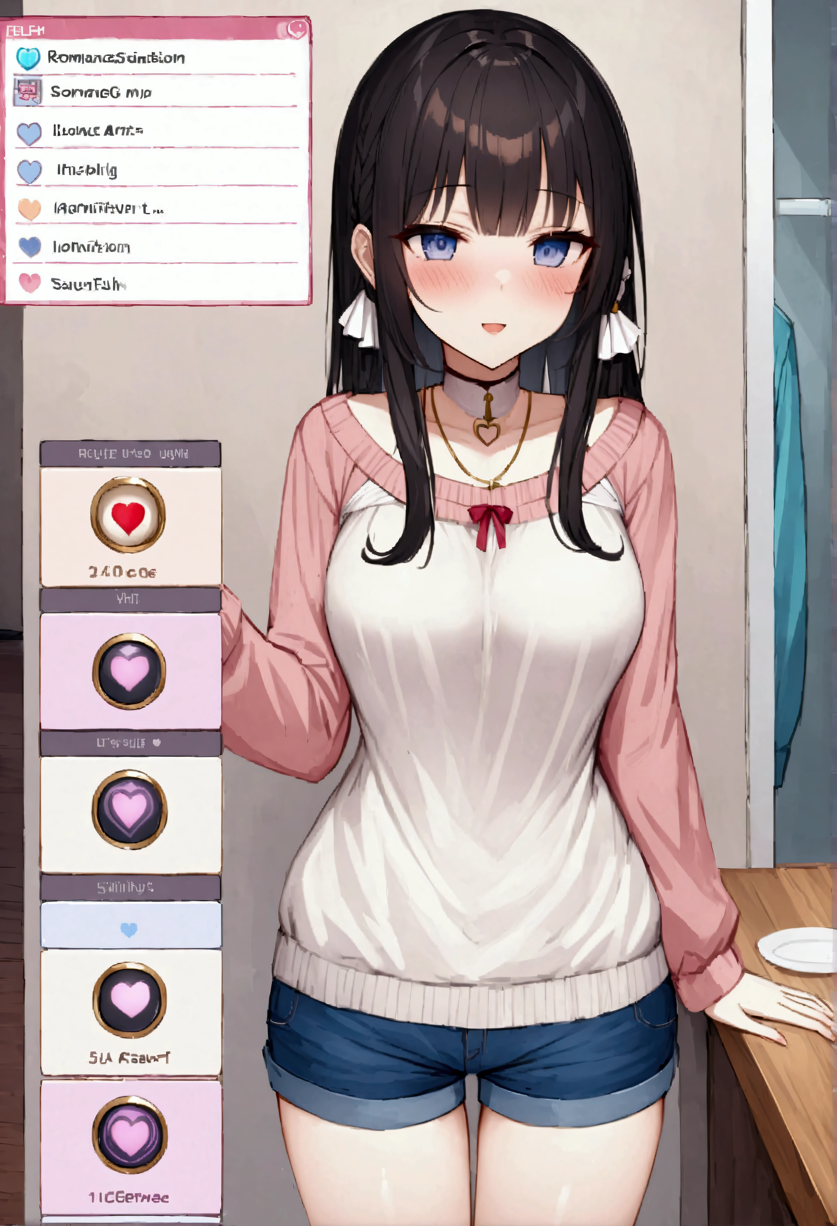 Masterpiece、Highest quality、Super detailed、Eroge、R-18、Romance simulation game、Command input、Scenario selection、Affection gauge、Support items、Casual clothing、Gal、