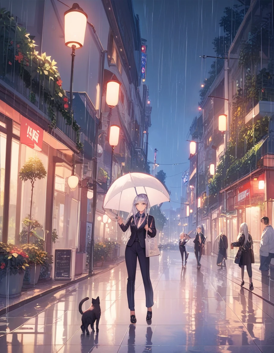 masterpiece, best quality, extremely detailed, Anime, night, rain, street lights, silver-haired woman, suit, holding opened umbrella, umbrella held above the cat's head, kitten in cardboard,