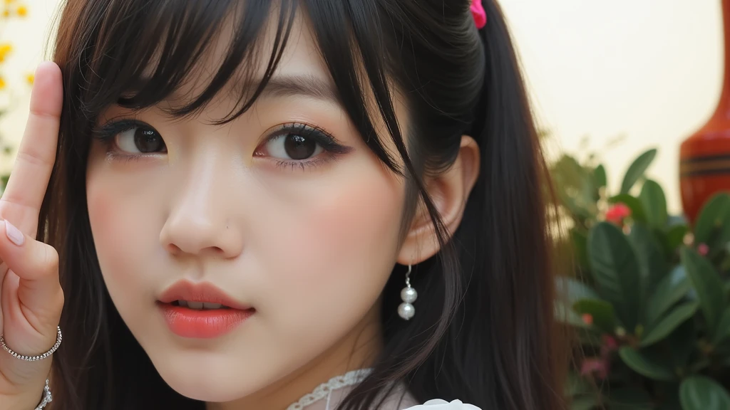 The image is a portrait of a young Asian woman with long dark hair and bangs. She is wearing a white dress with a sheer neckline and long sleeves. She has a pair of silver earrings and a bracelet on her wrist. The woman is standing in front of a colorful background with a vase and other decorative items. Her hands are raised in the air, as if she is making a peace sign with her fingers. She appears to be posing for the camera.