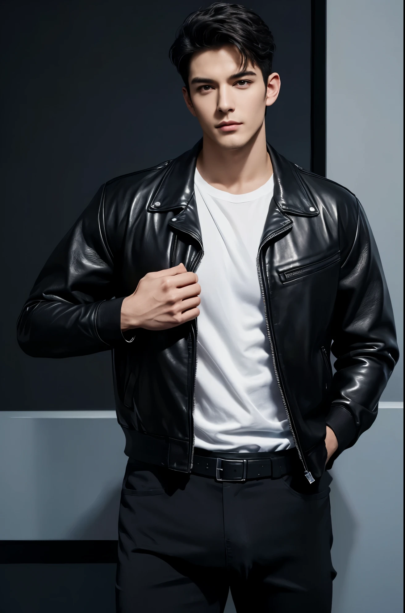 4k, high resolution, best quality, masterpiece, perfect color, perfect shade, perfect lighting, Posted by e621, ((handsome man)), perfect male figure, Short hair details，Detailed face, perfect face, (stood up), Detailed background, ((Bonifasco Lighting)),black hair, wearing black leather jacket, black pants, black leather belt, white shirt,